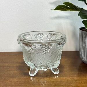 Vintage Footed Glass Candy Dish Raised Grapes Clear 4"w x 3.5"h Jeannette